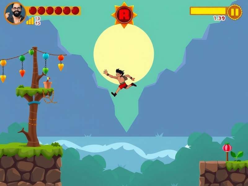 Rasgulla Warrior gameplay screenshot showing Raju jumping over platforms